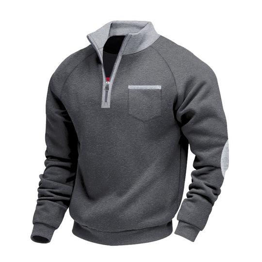 Men's Fleece-lined Heavy-duty Warm Zip-up Stand Collar Patchwork Stylish Casual Long-sleeve Sweatshirt