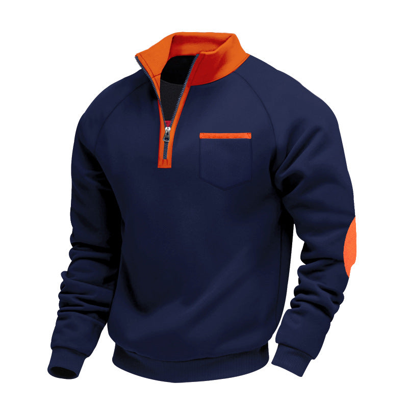 Men's Fleece-lined Heavy-duty Warm Zip-up Stand Collar Patchwork Stylish Casual Long-sleeve Sweatshirt