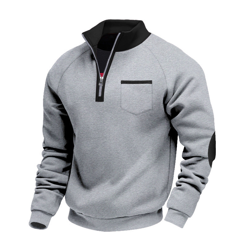 Men's Fleece-lined Heavy-duty Warm Zip-up Stand Collar Patchwork Stylish Casual Long-sleeve Sweatshirt