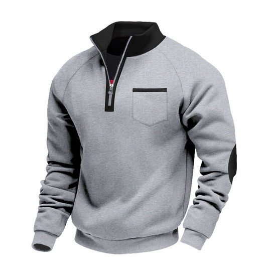 Men's Fleece-lined Heavy-duty Warm Zip-up Stand Collar Patchwork Stylish Casual Long-sleeve Sweatshirt